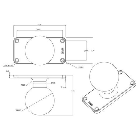 Kuličková základna RAM® se 4 otvory o rozměrech 1,5" x 3,5" - velikost D