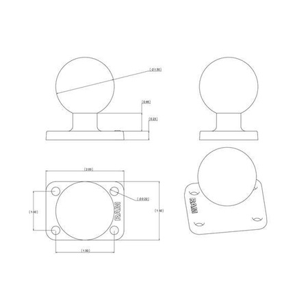 Kuličková základna RAM® se čtyřmi otvory 1" x 1,5" - velikost C
